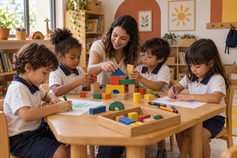 Educadora e quatro crianças pequenas montam uma torre de blocos coloridos e desenham com giz de cera em uma mesa baixa de madeira