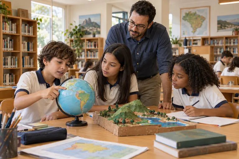 Estudantes observam um globo terrestre e uma maquete de relevo com o professor em uma biblioteca clara
