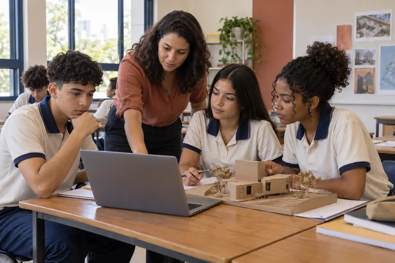 Três adolescentes e uma professora trabalham juntos com um notebook e uma maquete arquitetônica em uma sala arejada